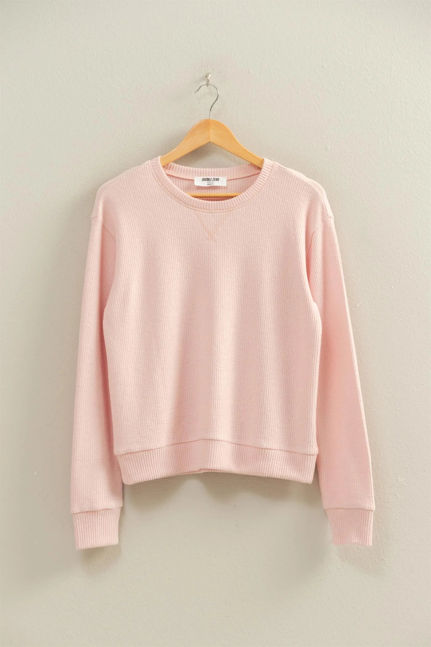 Brushed Waffle Crew Neck Long Sleeve Top – Soft Cozy Pink Pullover