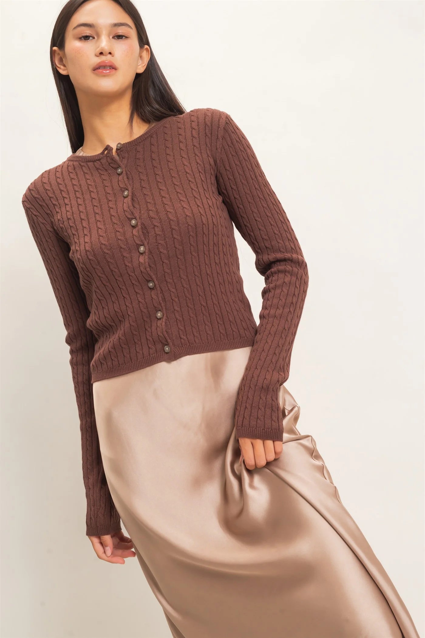 Cable Knit Cardigan by Double Zero | Button Front Fitted Sweater Cardigan