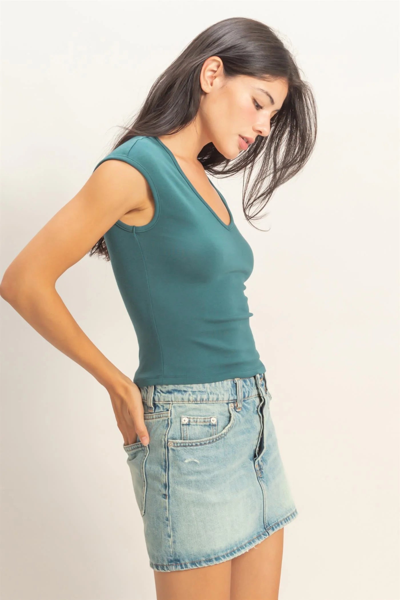 HyFVE / Double Zero Sleek V-Neck Cap Sleeve Top | Fitted Layering Tank