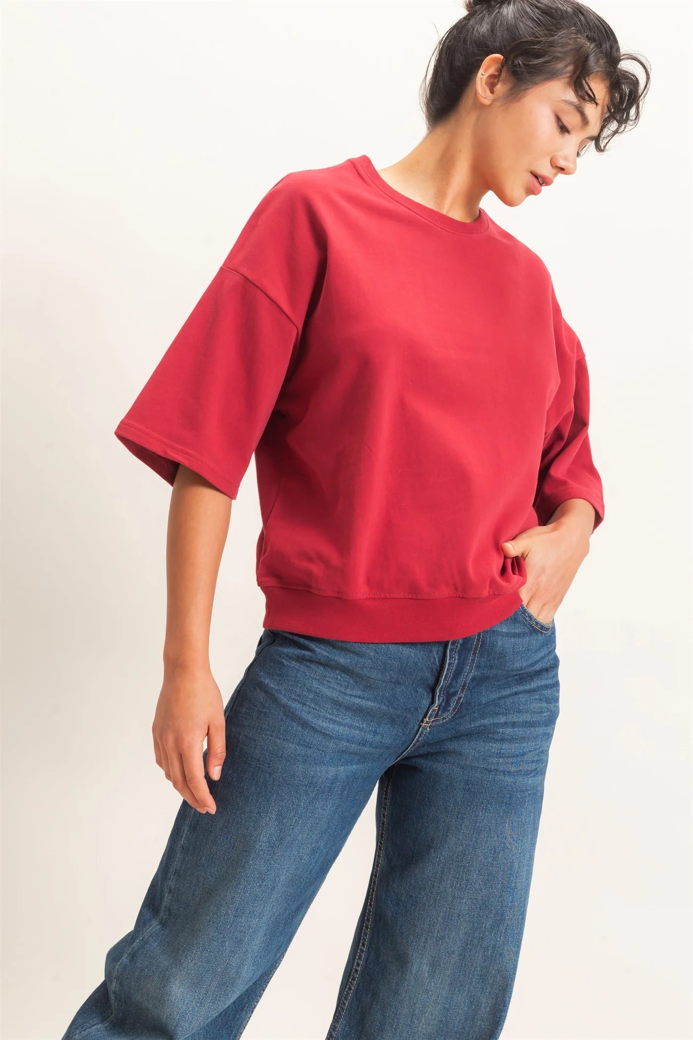 Washed Crew Neck Short Sleeve Top by Double Zero | Relaxed Drop Shoulder Boutique Tee