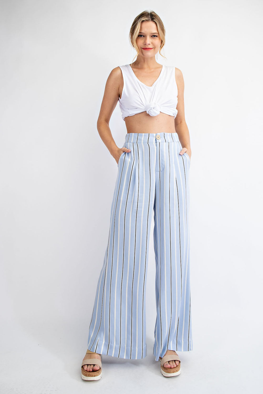 STRIPED HI WAIST WIDE LEG LONG PANTS Rae Mode.