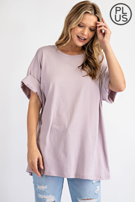 PLUS SIZE, WASHED COTTON ROUND NECKLINE TOP RAE MODE