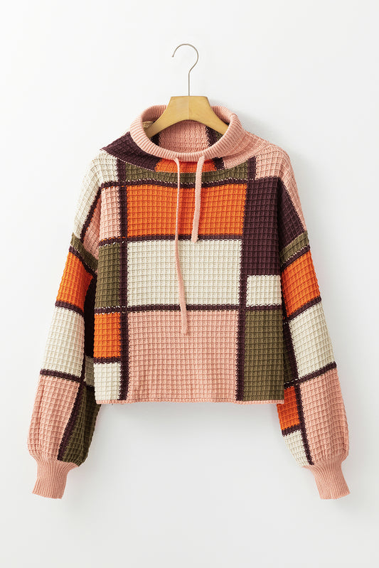 Orange Color-Block Waffle-Knit Mock-Neck Sweater – Drawstring Detail