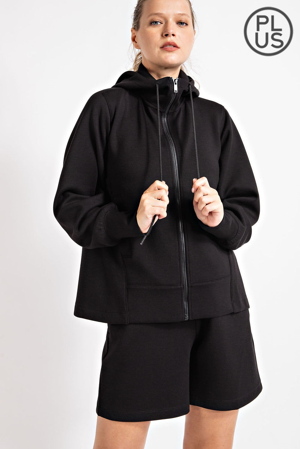 PLUS SIZE PONTI HOODIE JACKET Rae Mode.