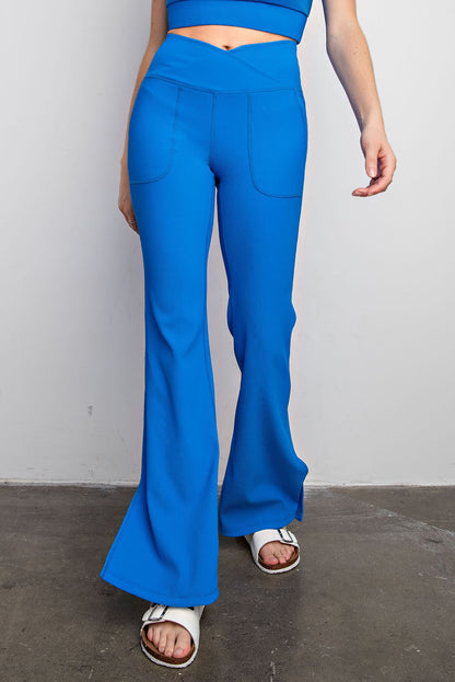 Rae Mode Rib Crossover Flare Leggings | V-Waist Pocket Flare Pants P6259