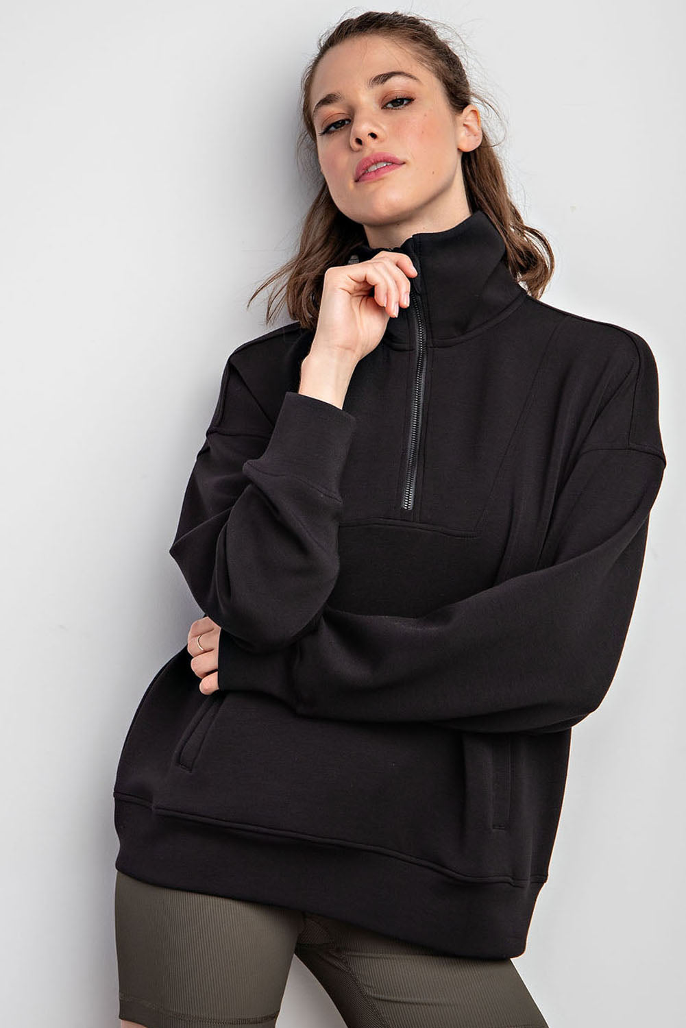 MODAL POLY SPAN QUARTER ZIP FUNNEL NECK PULLOVER RAE MODE