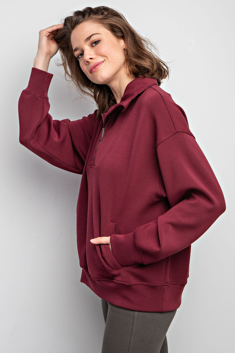 MODAL POLY SPAN QUARTER ZIP FUNNEL NECK PULLOVER RAE MODE