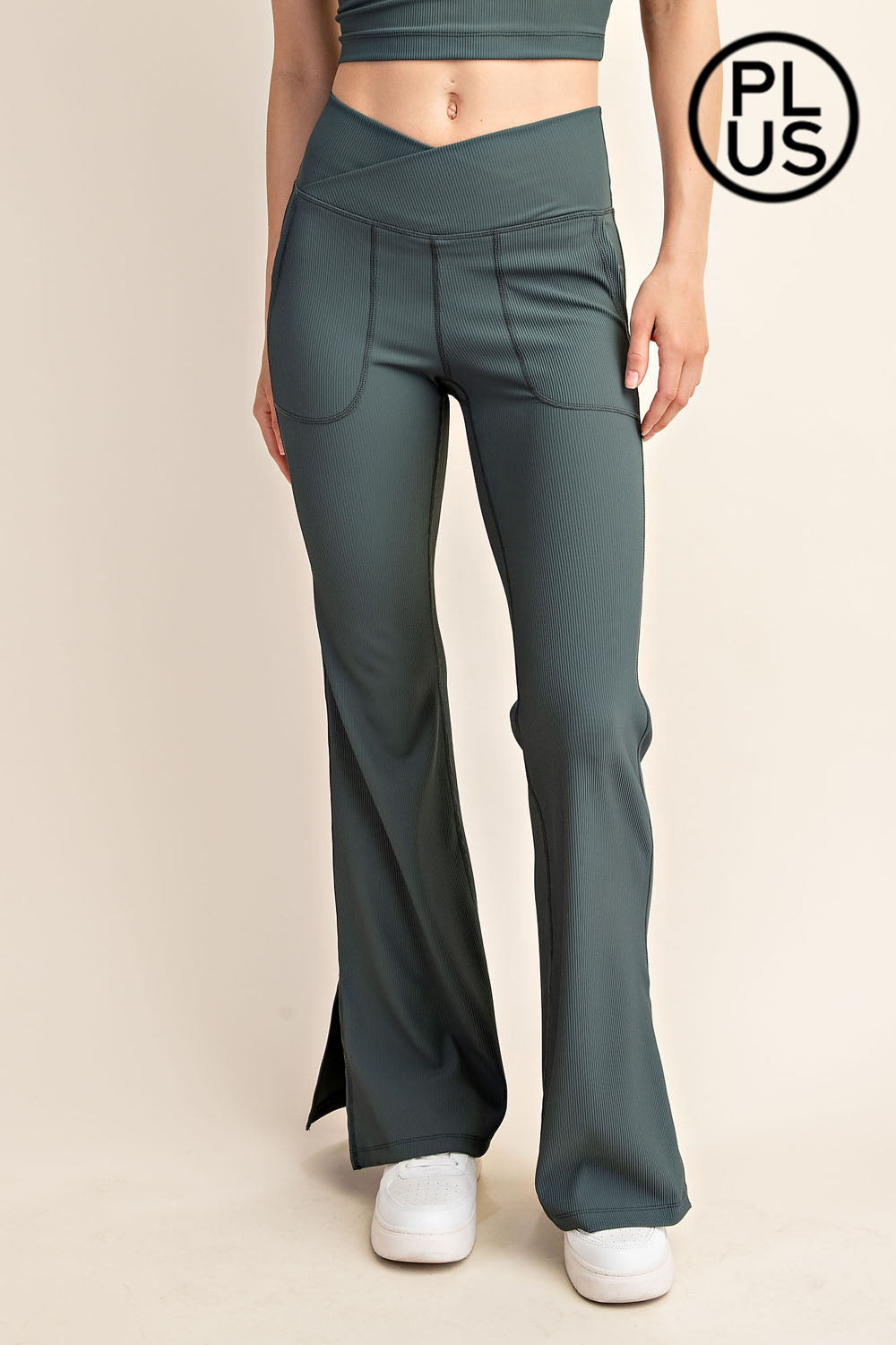 Plus Size Rae Mode Rib Crossover Flare Leggings | V-Waist Pocket Flare Pants P6259PL