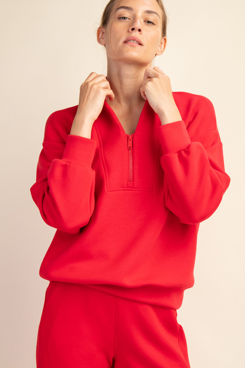 Rae Mode Modal Scuba Luxe V-Neck Zip Pullover – Soft Scuba Knit Lounge Sweatshirt