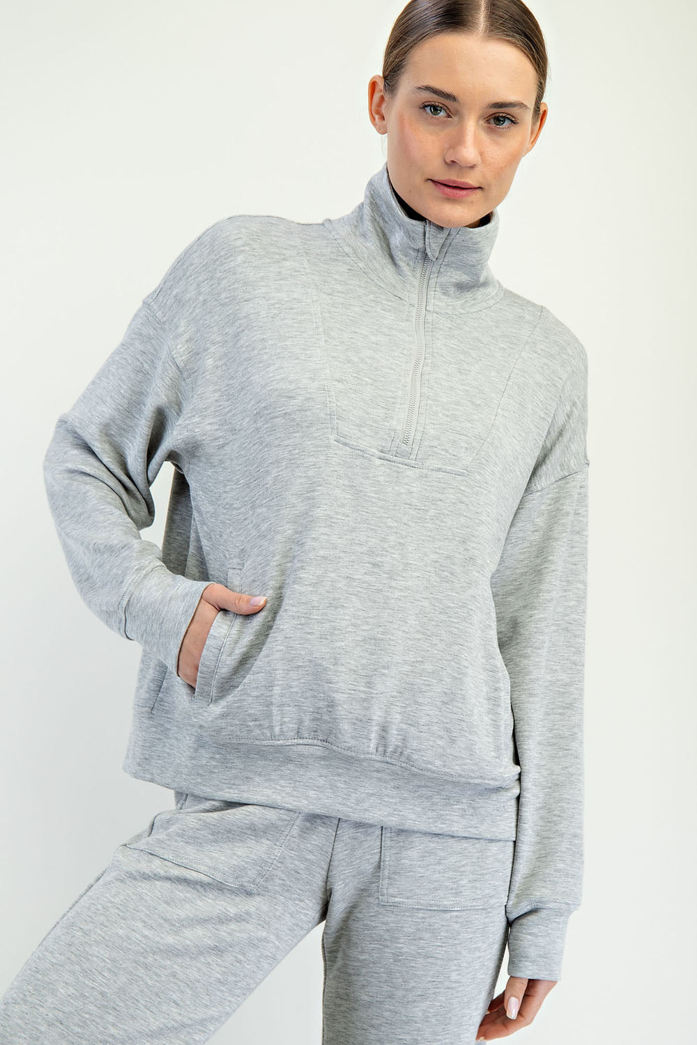 MODAL POLY SPAN QUARTER ZIP FUNNEL NECK PULLOVER RAE MODE