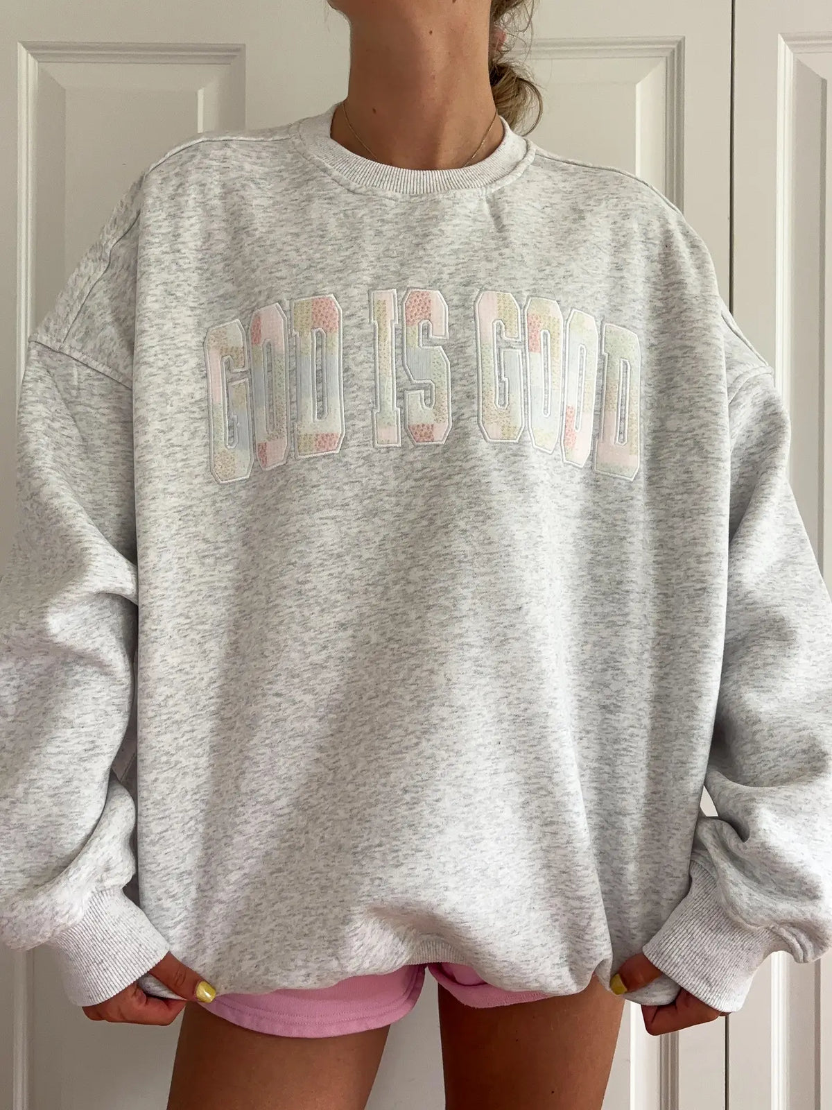 God Is Good Quilted Sweatshirt | Pastel Embroidered Faith Crewneck