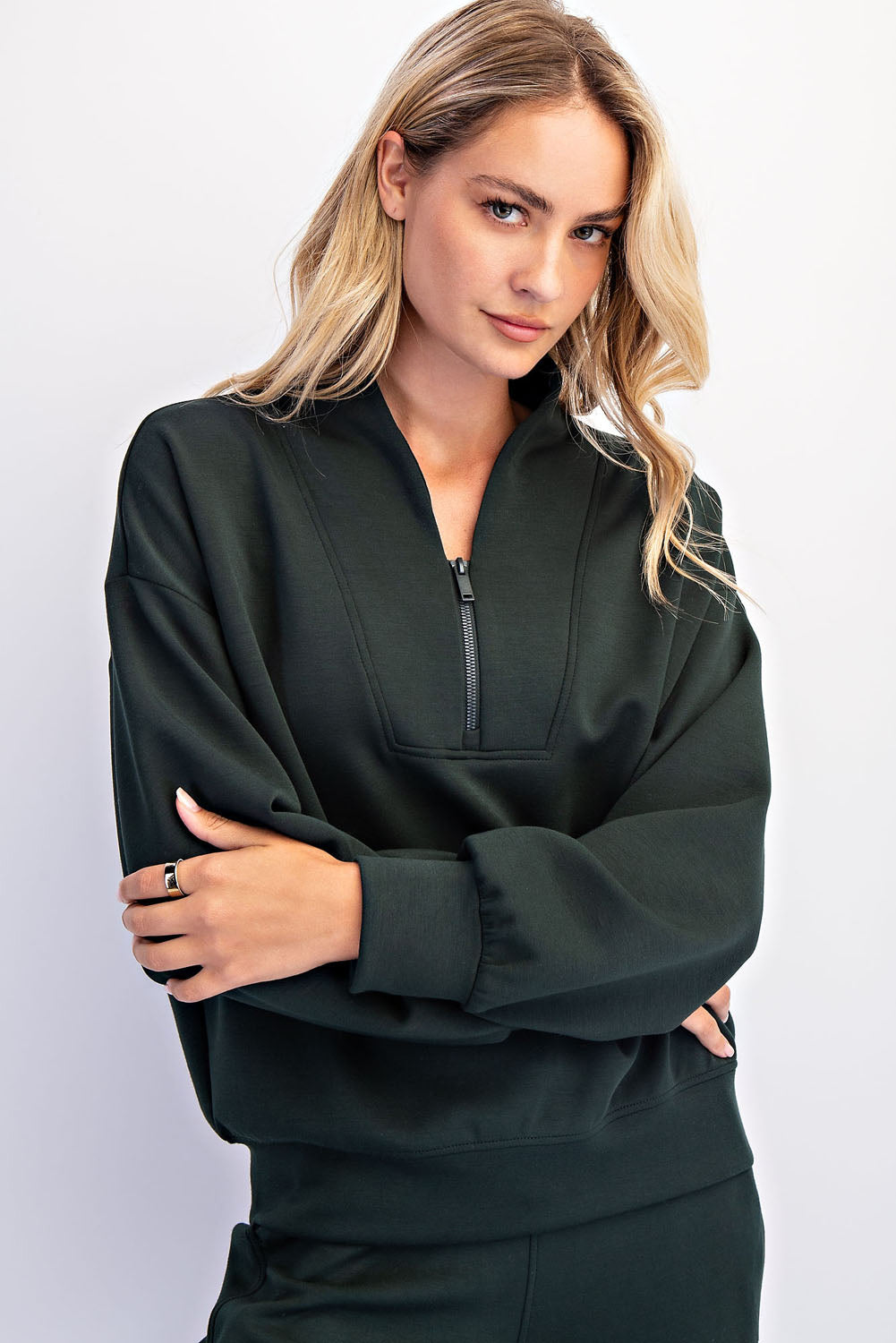 Rae Mode Modal Scuba Luxe V-Neck Zip Pullover – Soft Scuba Knit Lounge Sweatshirt