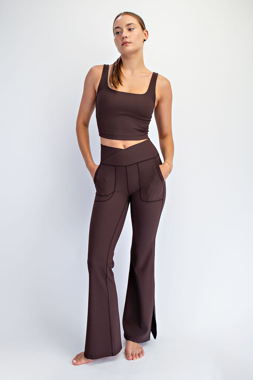Rae Mode Rib Crossover Flare Leggings | V-Waist Pocket Flare Pants P6259