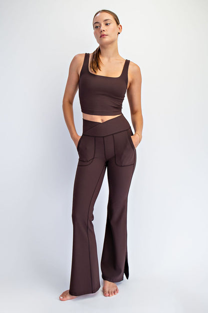 Rae Mode Rib Crossover Flare Leggings | V-Waist Pocket Flare Pants P6259