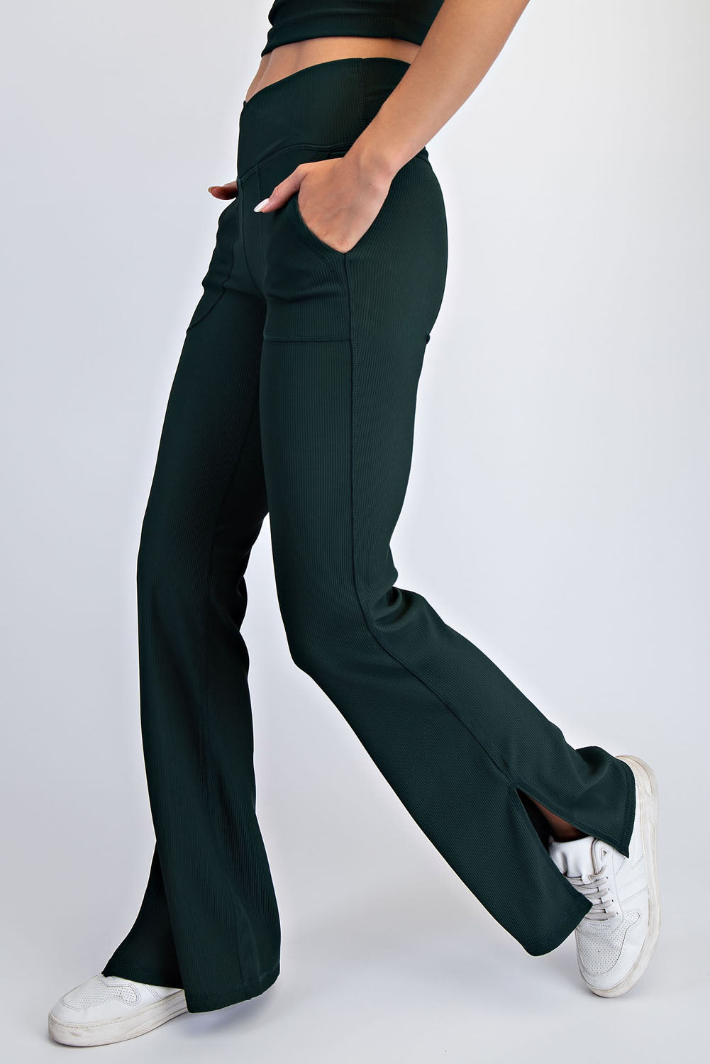 Rae Mode Rib Crossover Flare Leggings | V-Waist Pocket Flare Pants P6259
