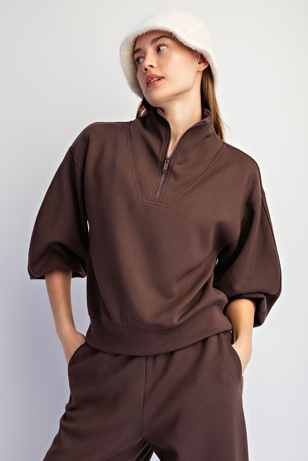 Espresso Modal Scuba Quarter Zip Top | Barrel Sleeve Pullover