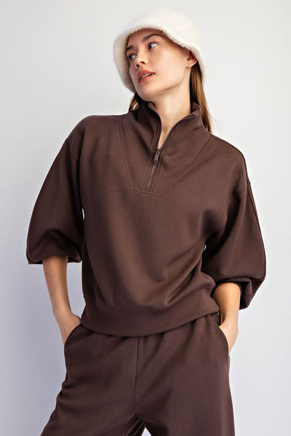 Espresso Modal Scuba Quarter Zip Top | Barrel Sleeve Pullover