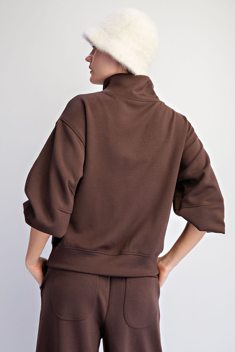 Espresso Modal Scuba Quarter Zip Top | Barrel Sleeve Pullover