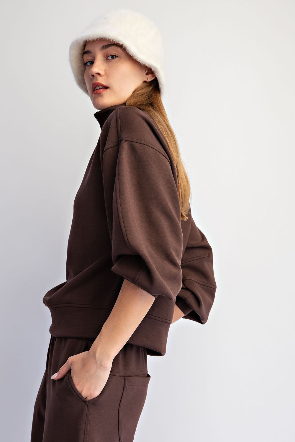 Espresso Modal Scuba Quarter Zip Top | Barrel Sleeve Pullover