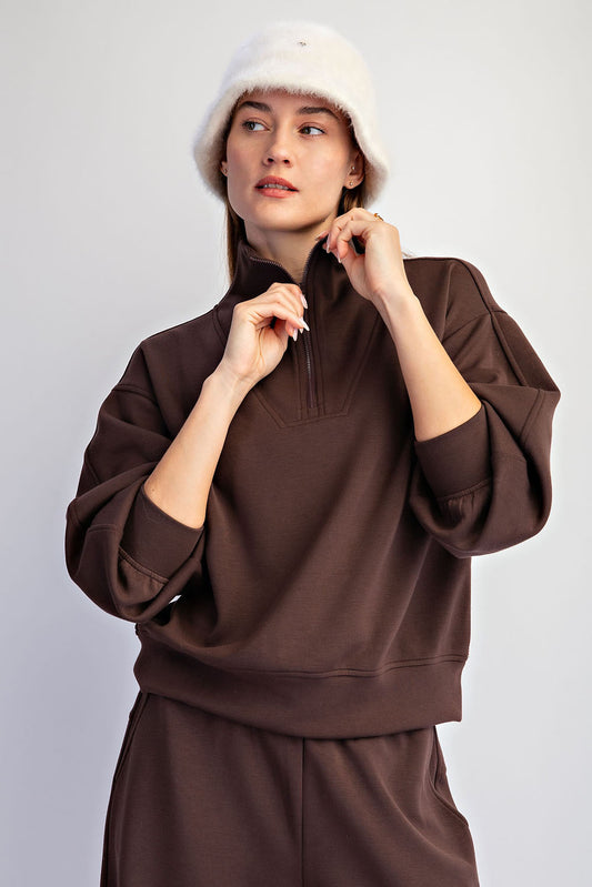 Espresso Modal Scuba Quarter Zip Top | Barrel Sleeve Pullover