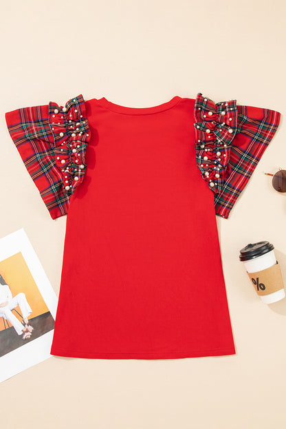 Red Plaid Ruffle Sleeve Top with Pearl Embellishments – Festive Statement Tee