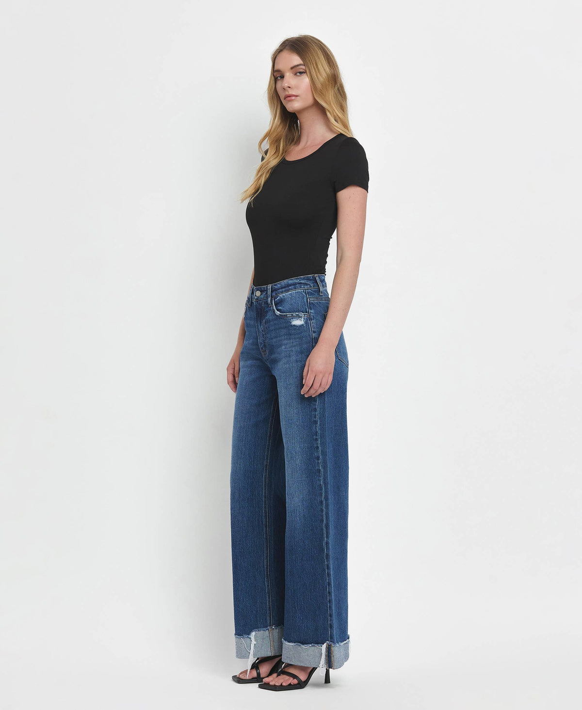 Vervet Super High Rise Baggy Wide Leg Jeans | Dark Wash Cuffed Denim T6614