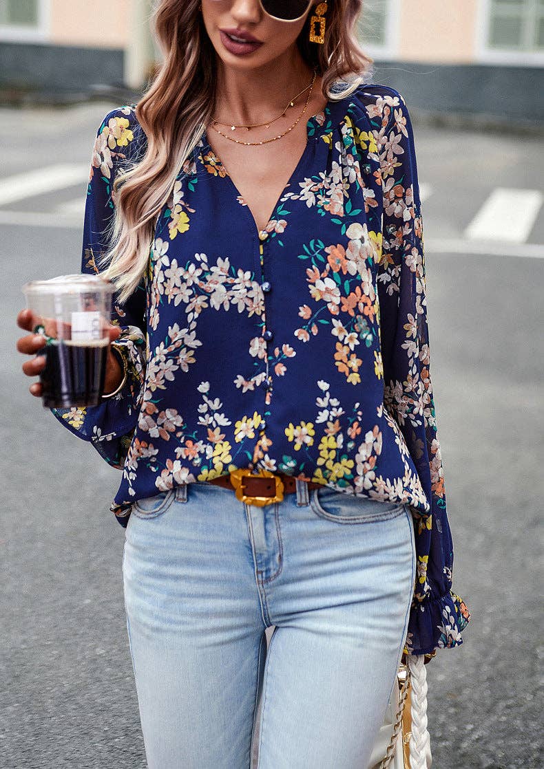 Navy Blue Floral Print V-Neck Long-Sleeved Loose Shirt Top