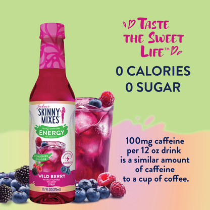 Jordan’s Skinny Mixes Wild Berry Energy Syrup – Zero Sugar Caffeine Drink Mix