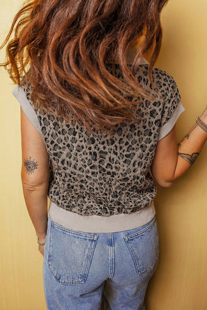 Wild Side Leopard Zip Top – Beige Collared Cap Sleeve Pullover