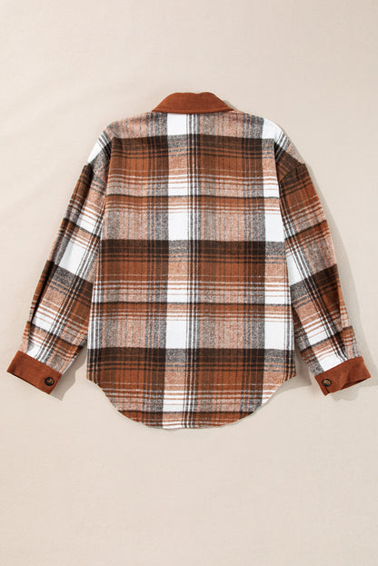 Plaid Corduroy Patchwork Shacket with Chest Pocket – Trendy Oversized Fall Jacket