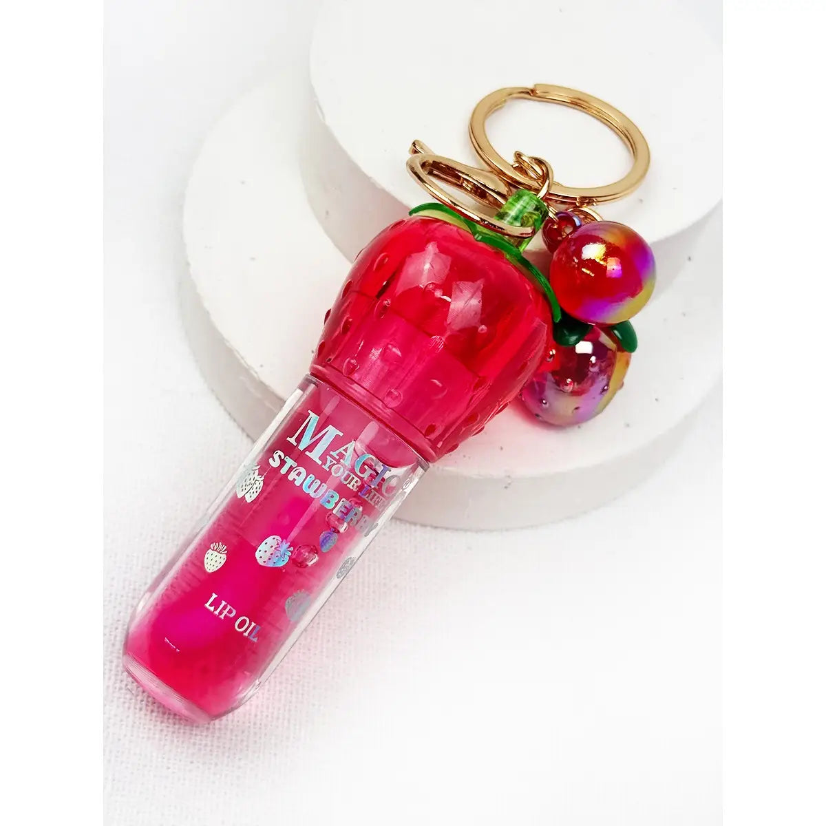 Strawberry Charm Lip Gloss Keychain | Mini Strawberry Lip Oil Key Ring