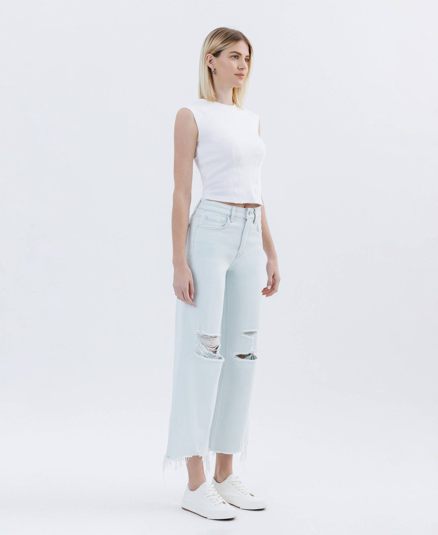 High Rise Distressed Crop Wide Leg Jeans – Frayed Hem Comfort Stretch Denim Vervet T6839