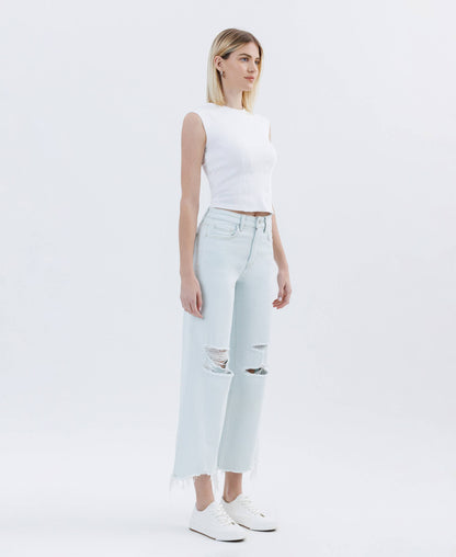 High Rise Distressed Crop Wide Leg Jeans – Frayed Hem Comfort Stretch Denim Vervet T6839
