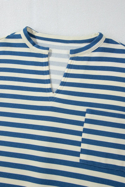 ~PREORDER~ Sky Blue Stripe Chest Pocket Button Back Notched V Neck Top ~PREORDER~