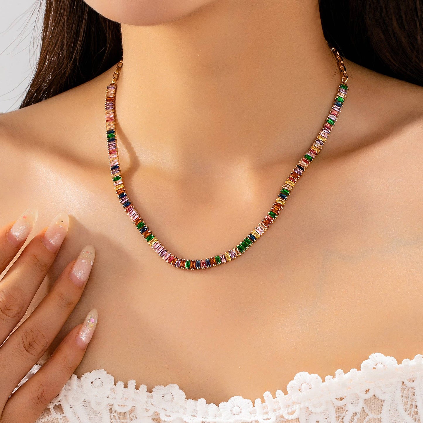 Color Bar Bezel Necklace | Gold Multicolor Baguette Station Necklace