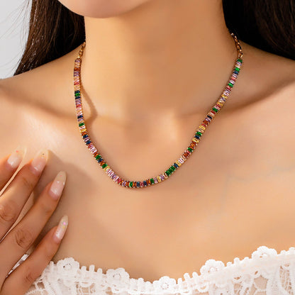 Color Bar Bezel Necklace | Gold Multicolor Baguette Station Necklace