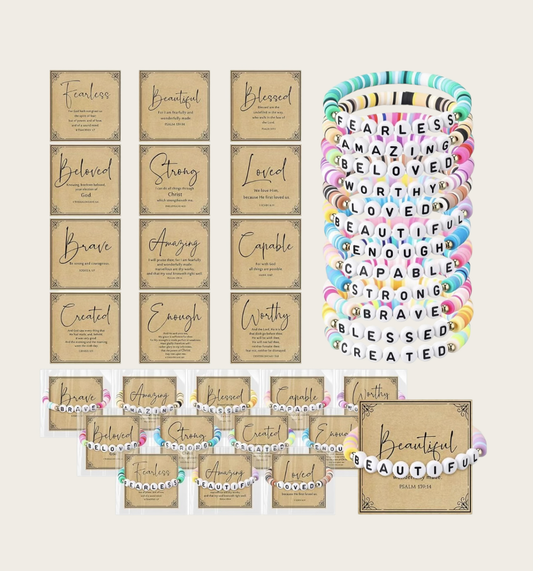 Christian Beaded Clay Bracelets | Inspirational Word Bracelet with Scripture Card