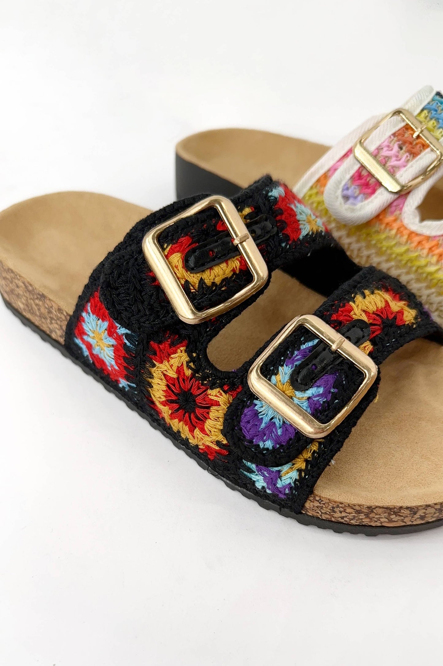 BACON COLORFUL CROCHET KNIT DOUBLE STRAP CORK SLIDE SANDAL