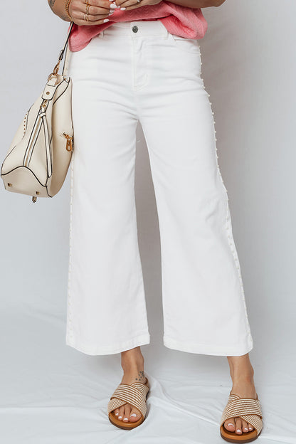 ~PREORDER ~ White Pearl Embellished Side Seam Ankle-Length Jeans ~PREORDER ~