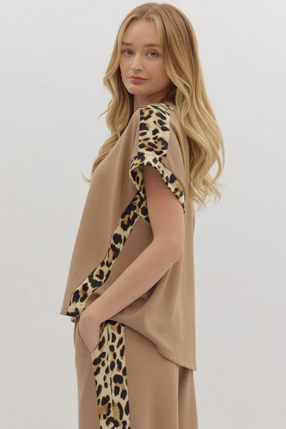 ~PREORDER ~ Light French Beige Leopard Trim Loose T Shirt ~PREORDER ~
