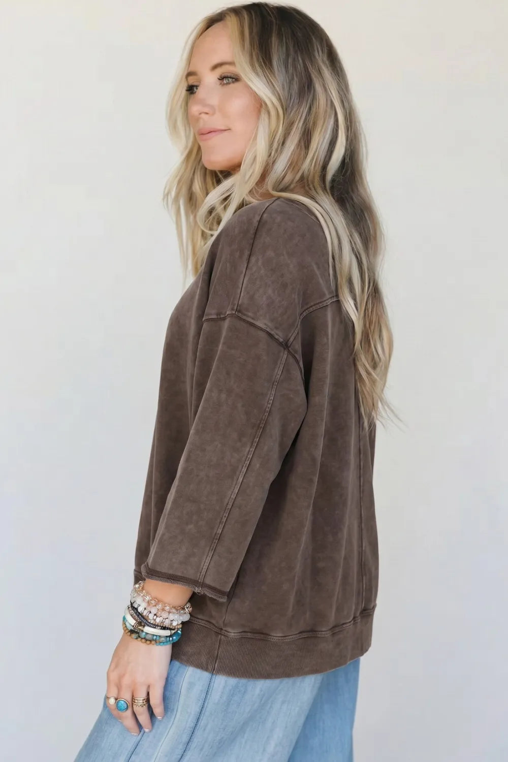 ~PREORDER~ Dark Brown 3/4 Sleeve Mineral Wash Loose Cotton Top ~PREORDER~