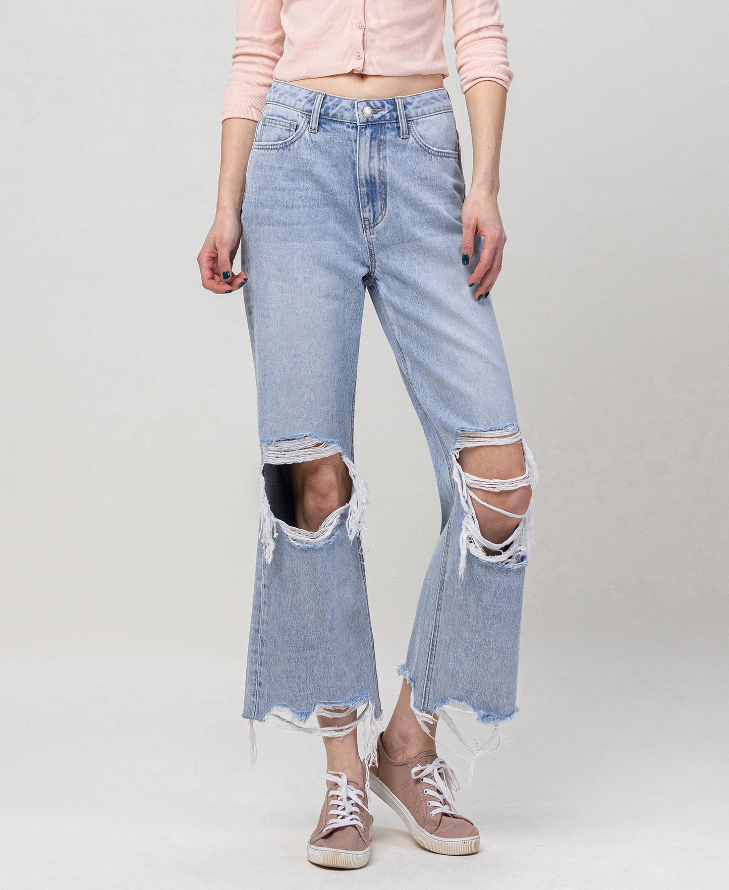 90s Throwback Super High Rise Crop Flare Jeans – Distressed Raw Hem Vintage Denim Vervet V2839