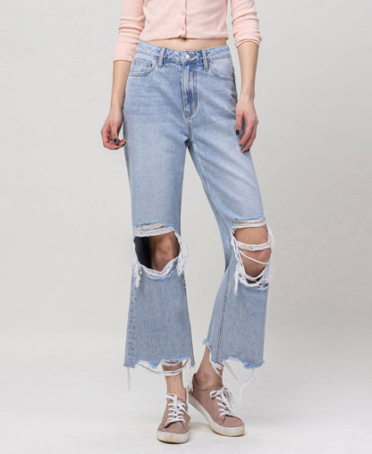 90s Throwback Super High Rise Crop Flare Jeans – Distressed Raw Hem Vintage Denim Vervet V2839