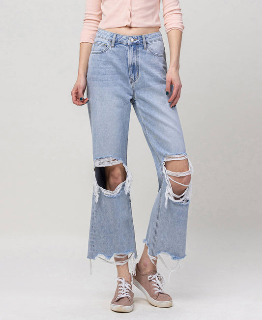 90s Throwback Super High Rise Crop Flare Jeans – Distressed Raw Hem Vintage Denim Vervet V2839
