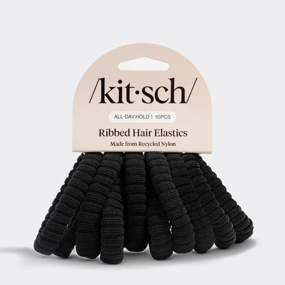 Recycled Fabric Ribbed Hair Elastics 10pc Set - Black by kitsch