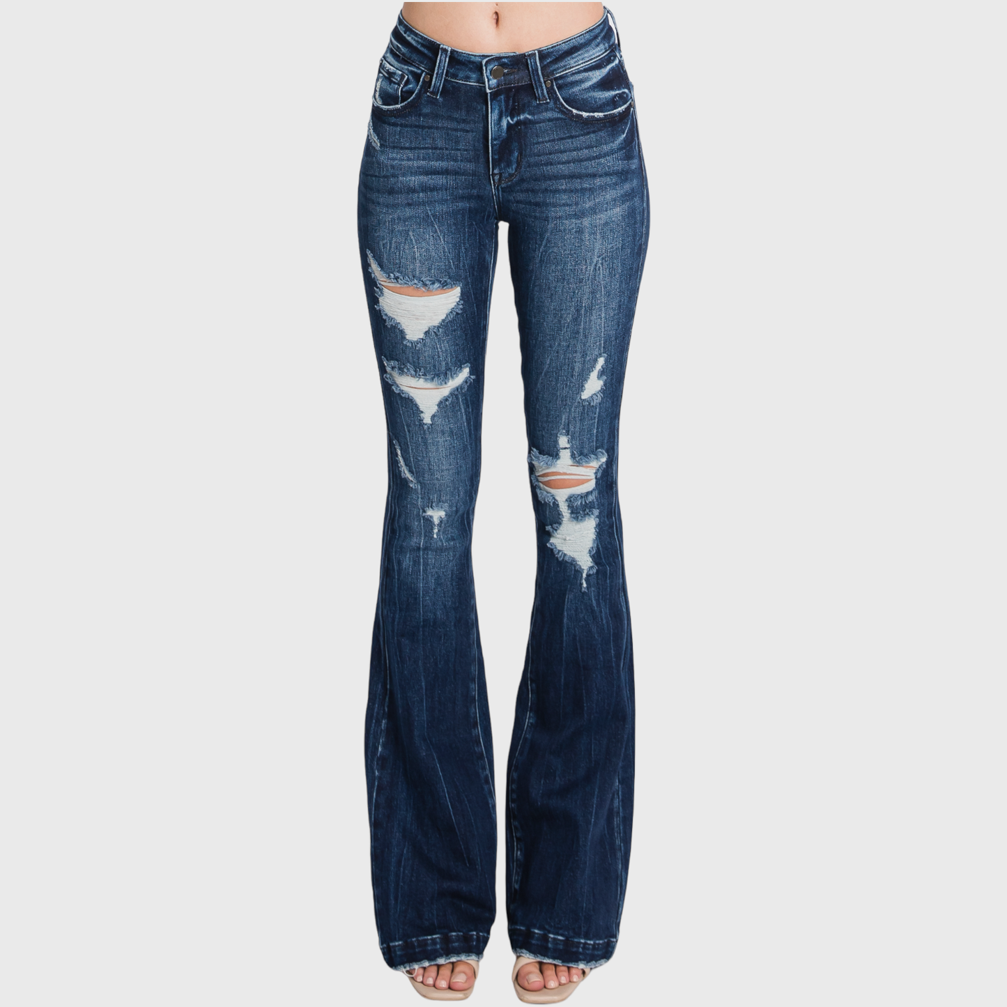 Petra Mid Rise Flare Jeans | Distressed Stretch Trouser Hem Denim