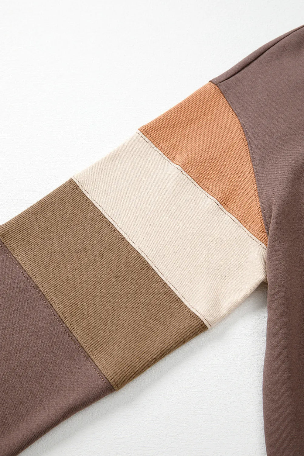 Mocha Colorblock Sleeve Sweatshirt | Ribbed Patchwork Crewneck Pullover