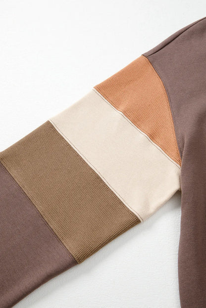 Mocha Colorblock Sleeve Sweatshirt | Ribbed Patchwork Crewneck Pullover