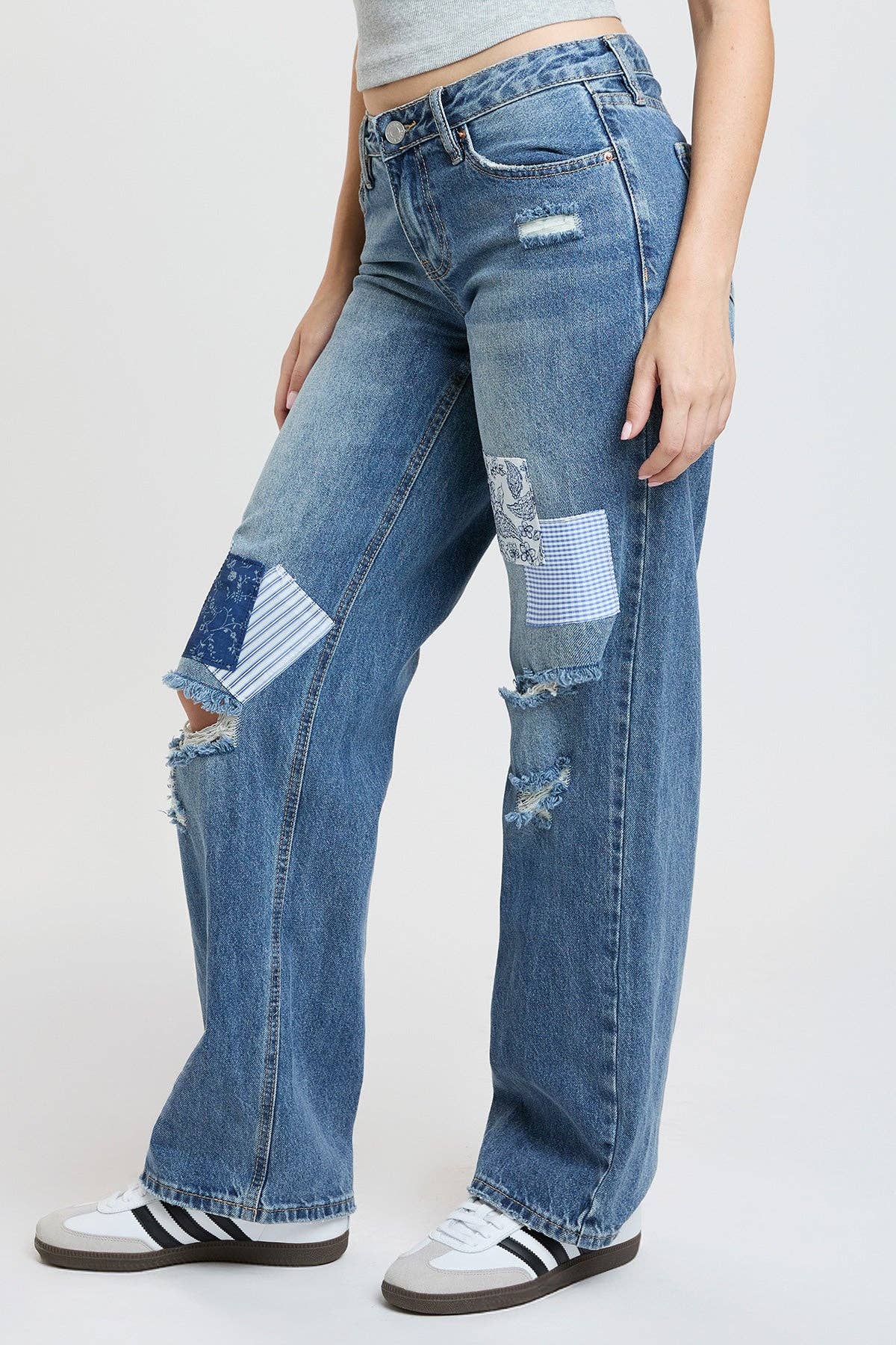 Brittany Patchwork Wide Leg Jeans | YMI Low Rise Rigid Denim