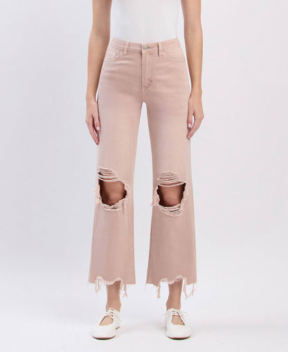 90s Revival Super High Rise Crop Flare Jeans – Distressed Raw Hem Vintage Denim Vervet
